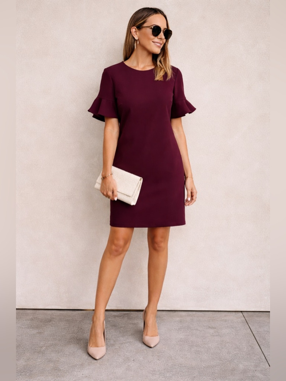Calvin Klein Ruffle-Sleeve Shift Dress - Plum